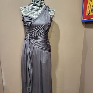 One shoulder metallic pewter greek inspired formal dress sz 8